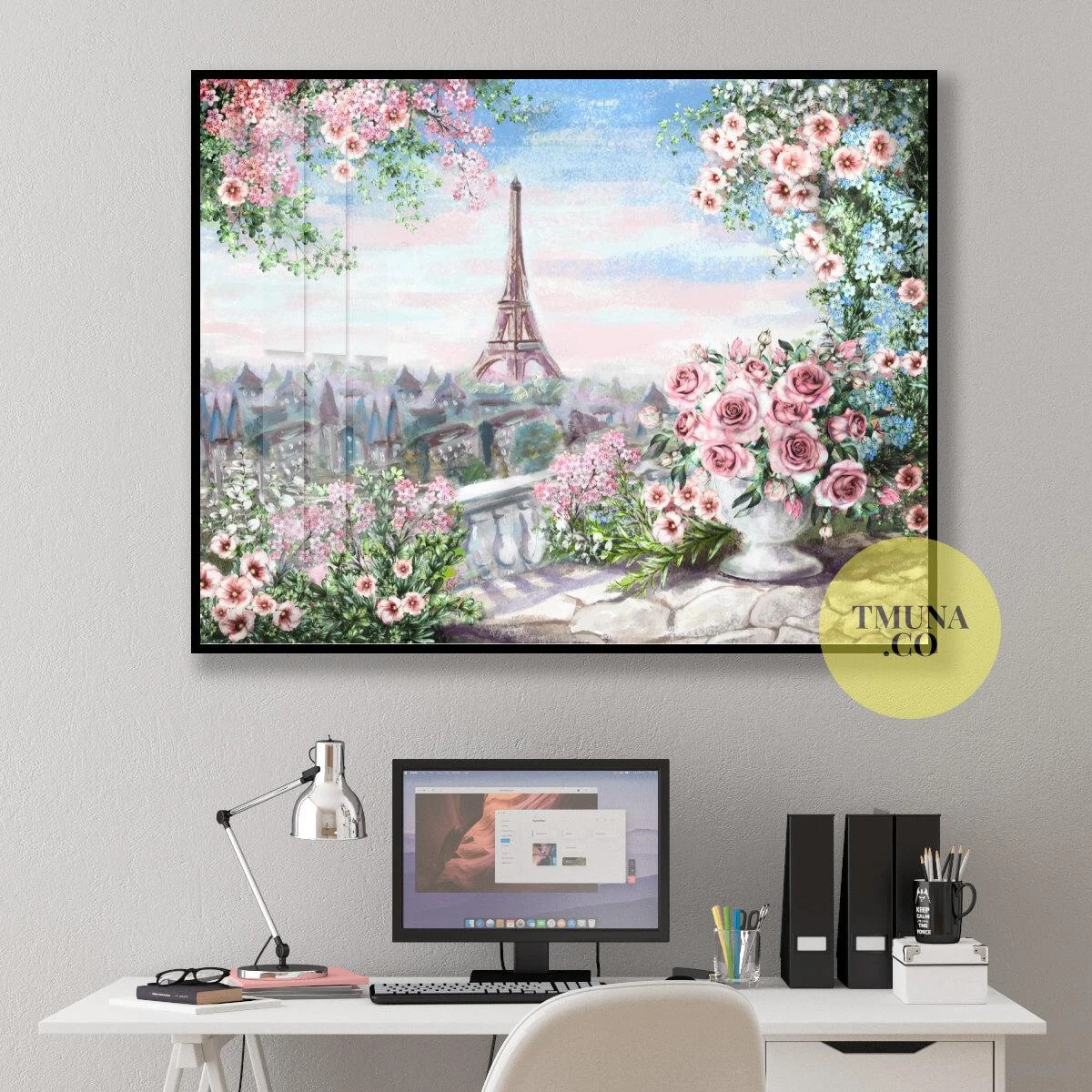 ציור אומנתי של העיר פריז מתוך בלקון פרחוני הדפסה על קנבס או זכוכית מושלם לחדר שינה בנות או חדר נוער דגם 3728646