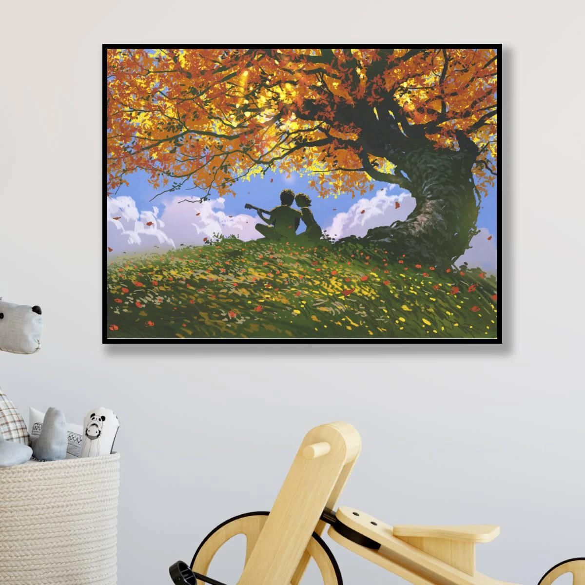 תמונה מרגיעה של נוף עם ילדים מתחת לעץ - ציור יפה לחדרי ילדים או נוער על קנבס דגם 3728312