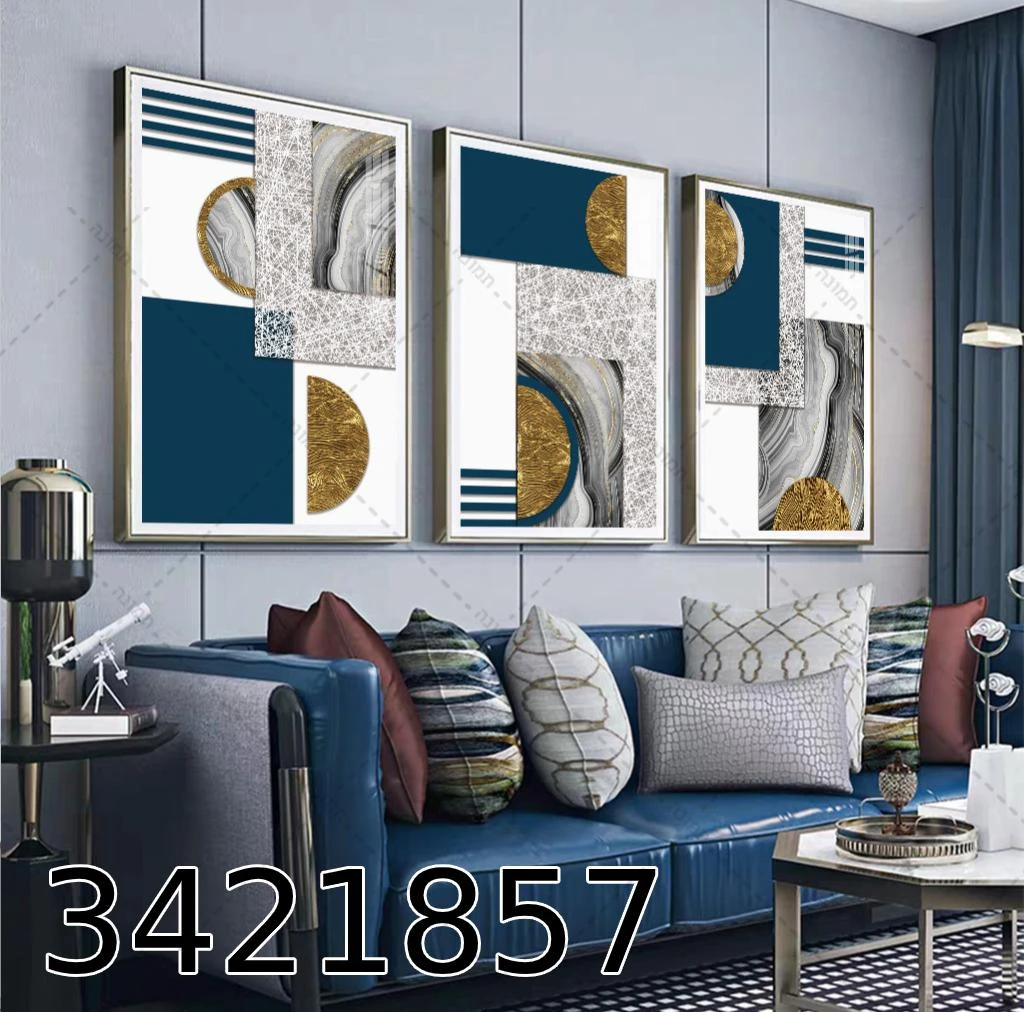 שלישית קנבס 'אבסטרקט גאומטרי כחול זהב' לתלייה בסלון דגם 3421857
