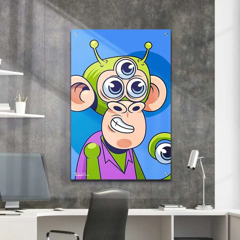 הלוחש לקופים תמונת זכוכית לסלון בגווני כחול, ירוק הדפסה על זכוכית בעלי חיים - דגם alvtm46p2750