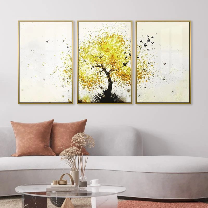 עץ האושר ציור מיוחד בגווני זהב שמנת תמונות ממוסגרות מיוחדת למשרד לסלון דגם 135323