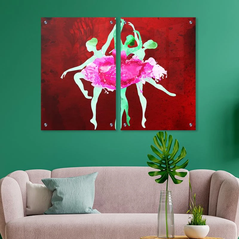 זוג תמונות אבסטרקט רקדניות בלט בגווני אדום ורוד ירוק לחדר בנות ונערות הדפסה על זכוכית 135346_B