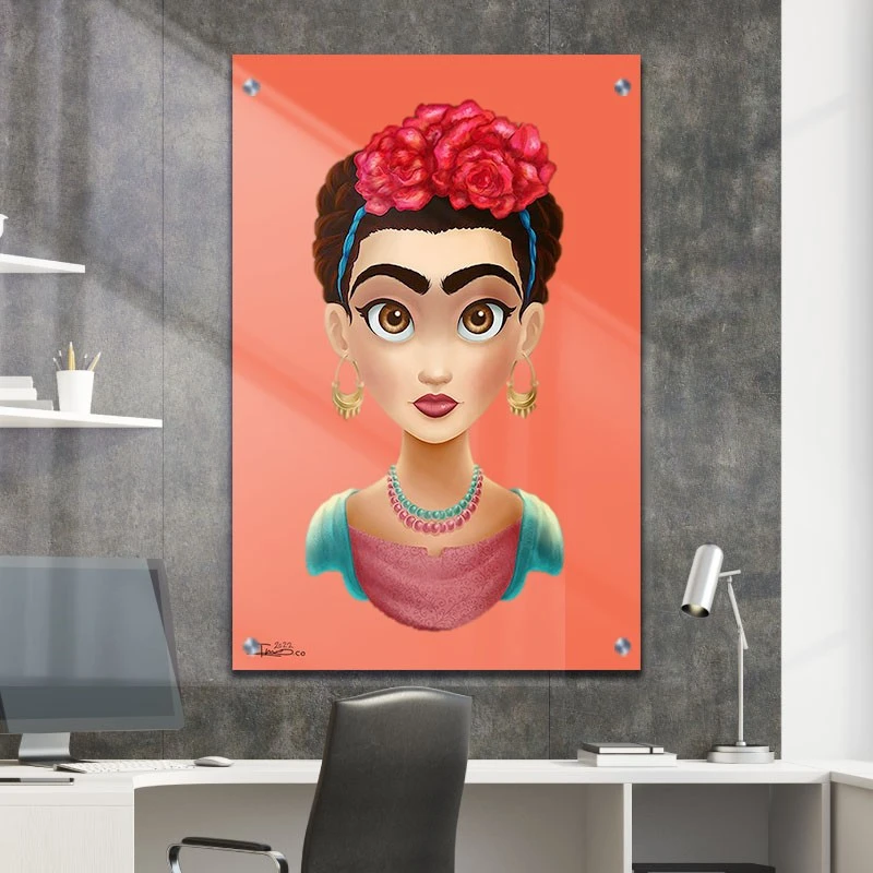 תמונת זכוכית פרידה קאלו לקליניקה אווטר מתבגרת תמונת אמנות פופולארית על זכוכית בגווני כתום, חום - דגם galvtm47p2819
