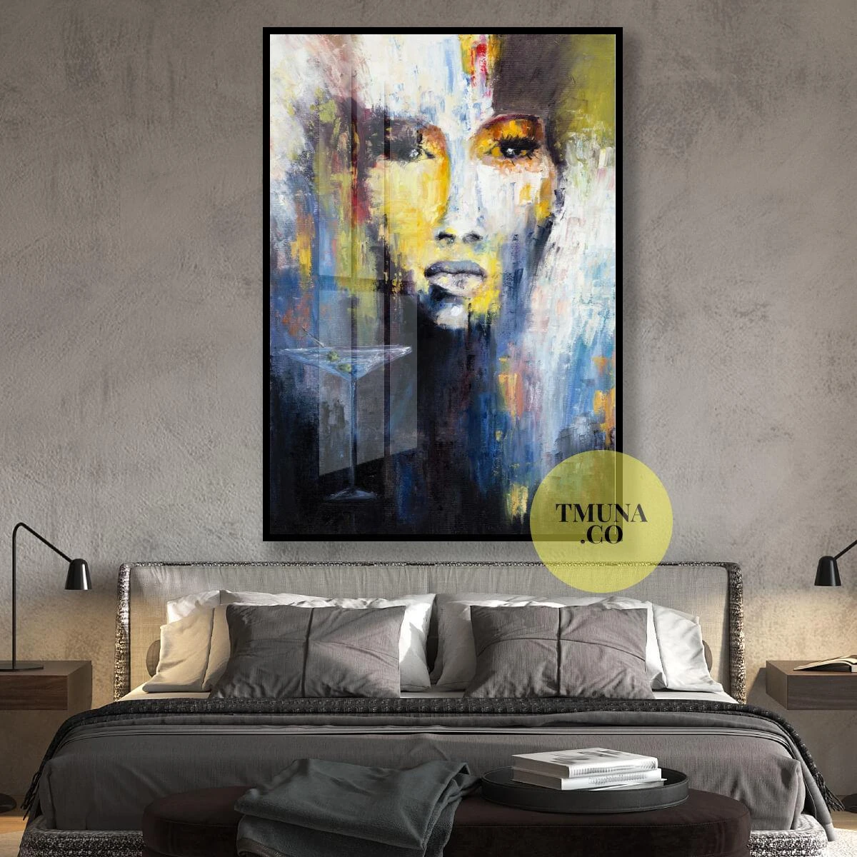 ציור מגניב של פני אישה על קנבס או זכוכית בסגנון אבסטקטי בצבע כחול צהוב דגם 3728630