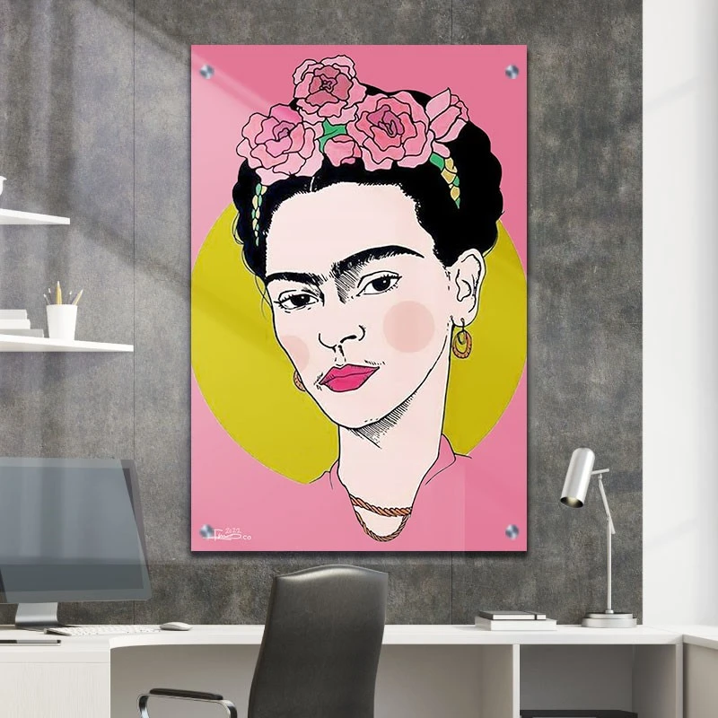 Frida Kahlo תמונת זכוכית לקליניקה איפור לבן תמונת אמנות פופולארית על זכוכית בגווני ורוד, בז, שחור - דגם galvtm47p2813