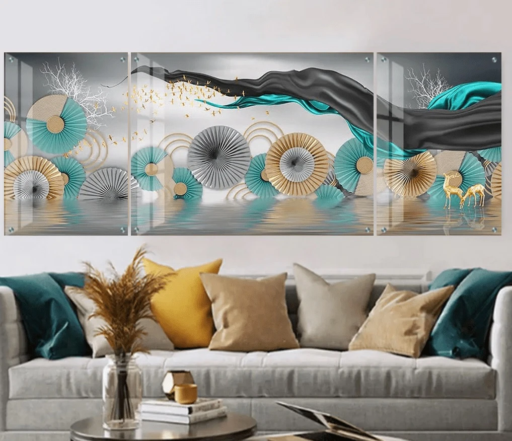 טרנדי: 3 תמונות זכוכית ים ואלמנטים חדשניים בגווני שחור, אפור, טורקיז למטבח - דגם g23968072