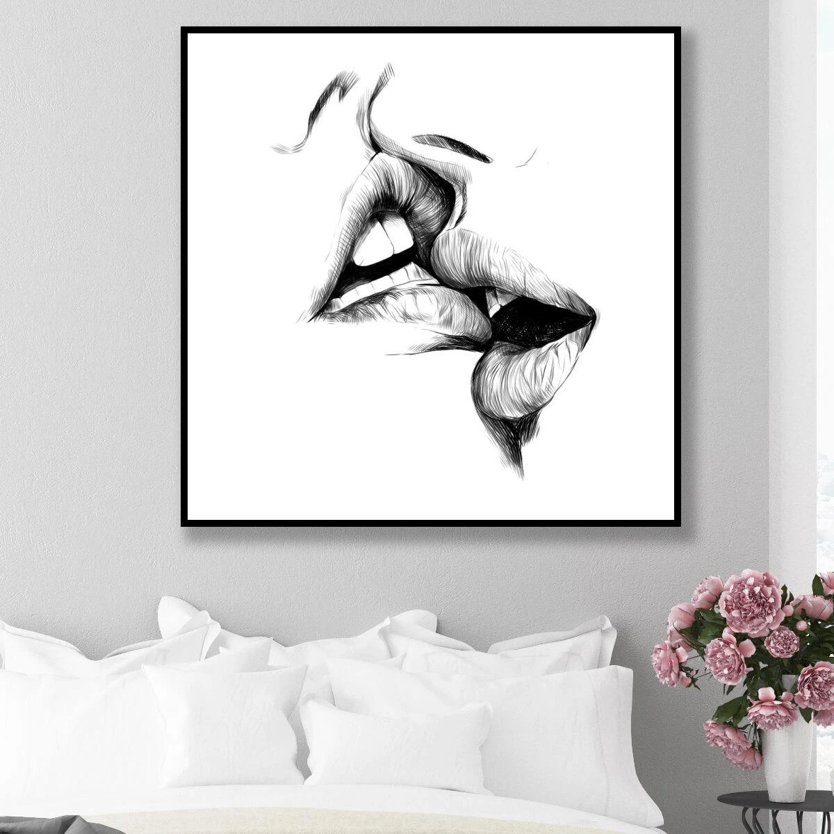 תשוקה בלתי נשלטת - תמונה זוגית ציור בשחור לבן של נשיקה לחדר שינה על קנבס או זכוכית דגם 3728551