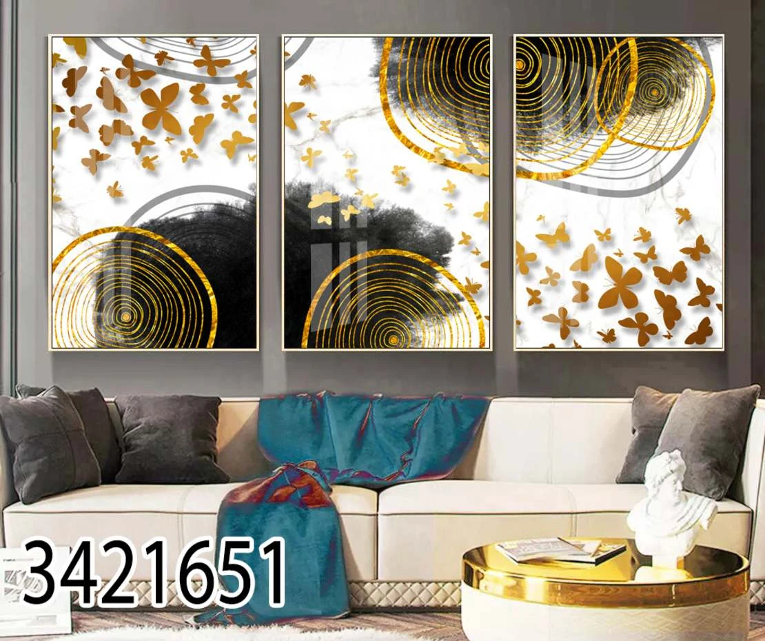 פרפרים ועיגולים - סט 3 תמונות זכוכית מותאמות לסלון או לפינת אוכל דגם 3421651