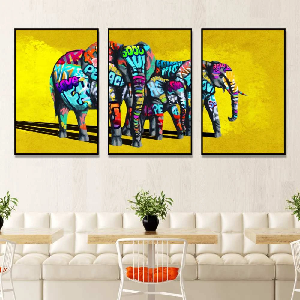 פיל גרפיטי הדפסים בשלושה חלקים בסגנון גרפיטי על קנבס  למשרדים או לחדר נוער דגם 134925