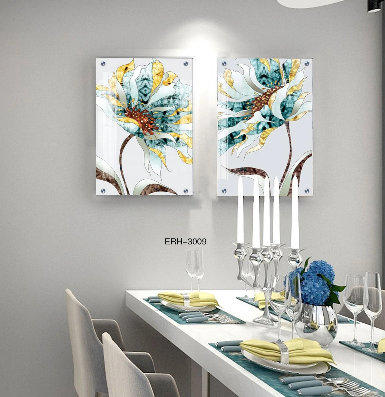זוג תמונות זכוכית למטבח לפינת אוכל 'אבסטרקט פרחים' מקט GTM-3009