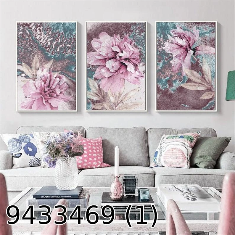 שלישית קנבס פריחה ורודה לתלייה בסלון וחדר שינה דגם 9433469 (1)