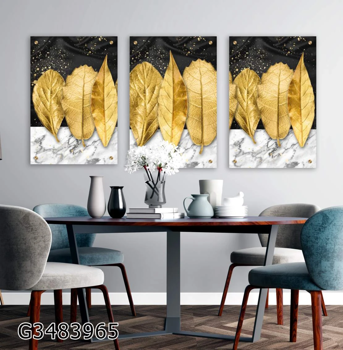 סט מודרני לסלון עלים מזהב בשילוב שחור לבן הדפסה על זכוכית דגם G3483965