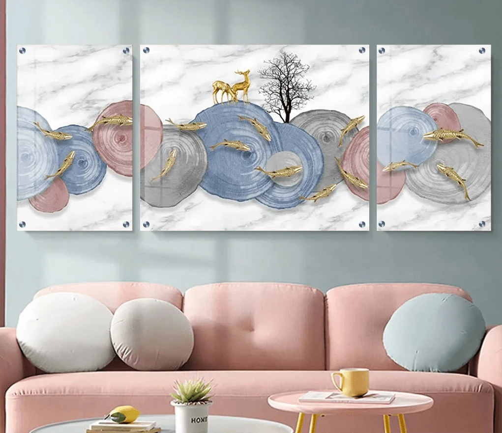 טרנדי: 3 תמונות זכוכית לפינת אוכל בגווני אפור, כחול, סגול למטבח - דגם g23703993