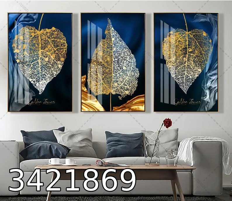שלישית תמונות קנבס לתליה בסלון 'עלי האהבה בזהב' דגם 3421869