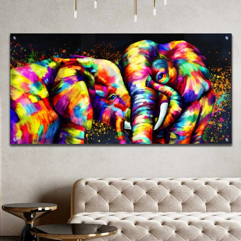 פילים צבעוניים מאוהבים - הדפס של תמונות קנבס או זכוכית לסלון או לחדר שינה דגם 134933