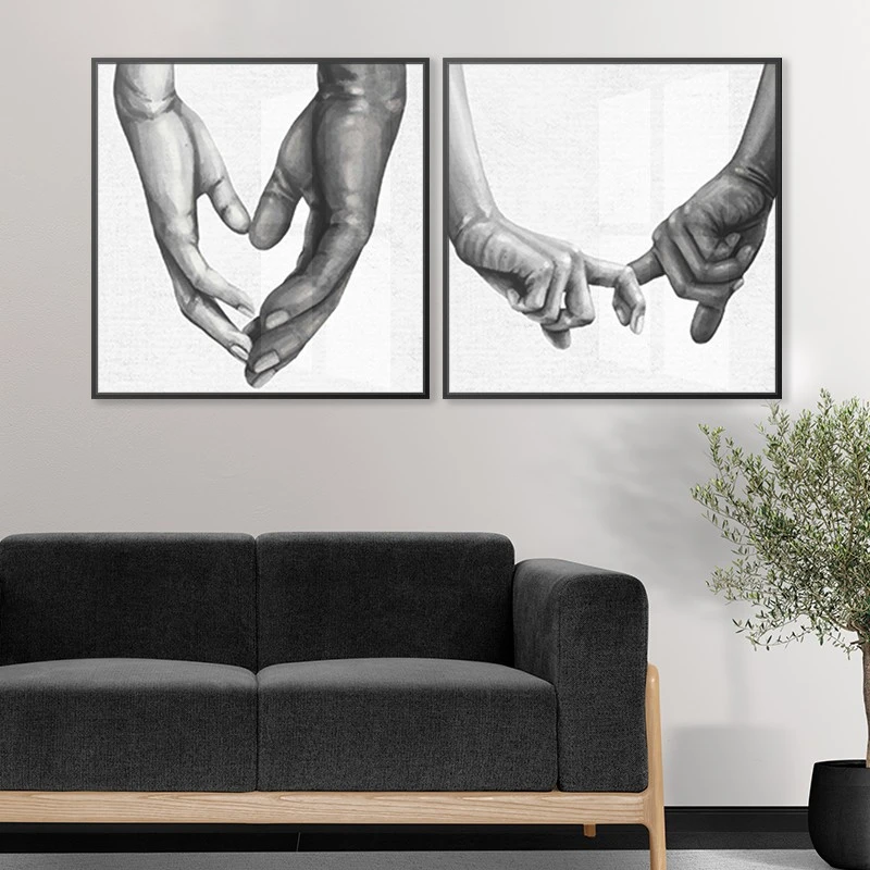 זוג תמונות קנבס לחדר שינה מחזיקים ידיים תמונות מחולקות מינימליסטי - דגם 135272