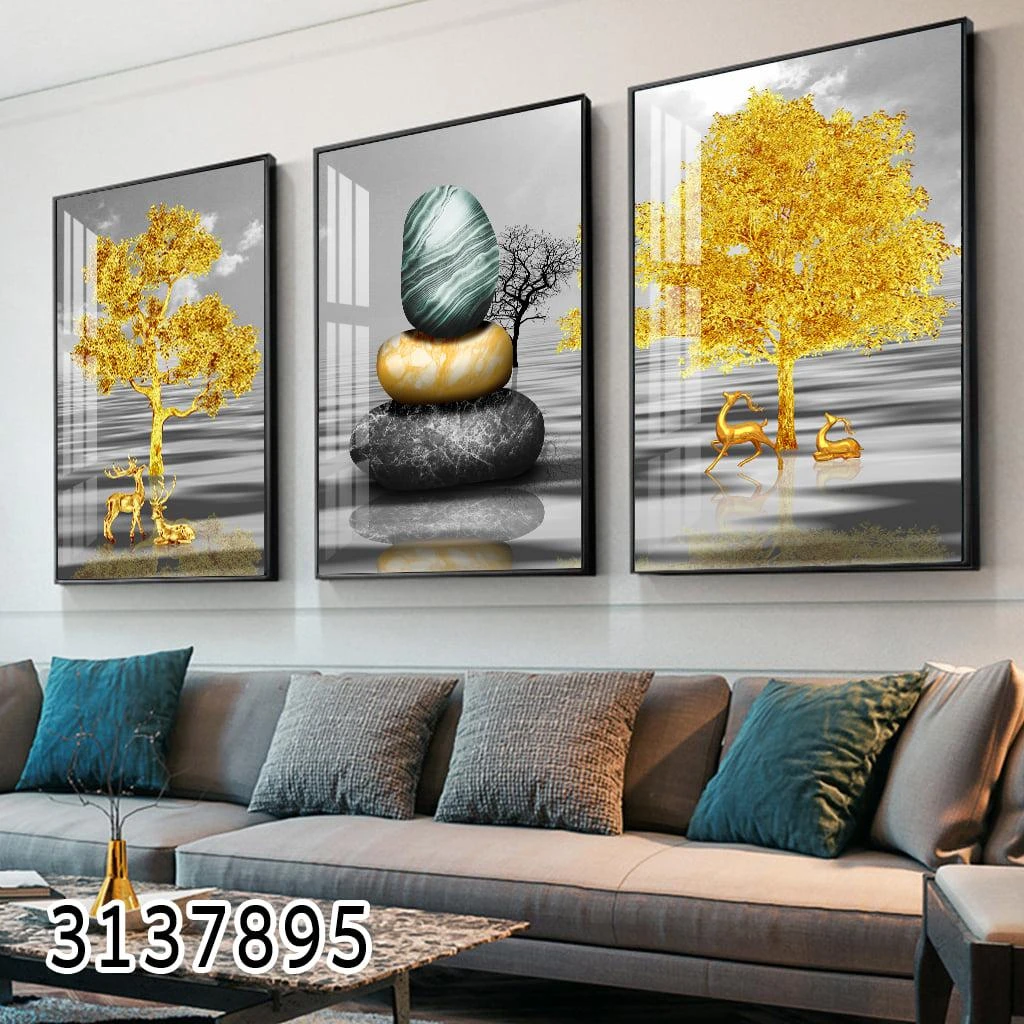 אפור צהוב - סט תמונות של עץ החיים וחלוקי נחל המחודש בהדפסה על קנבס לסלון דגם 3137895
