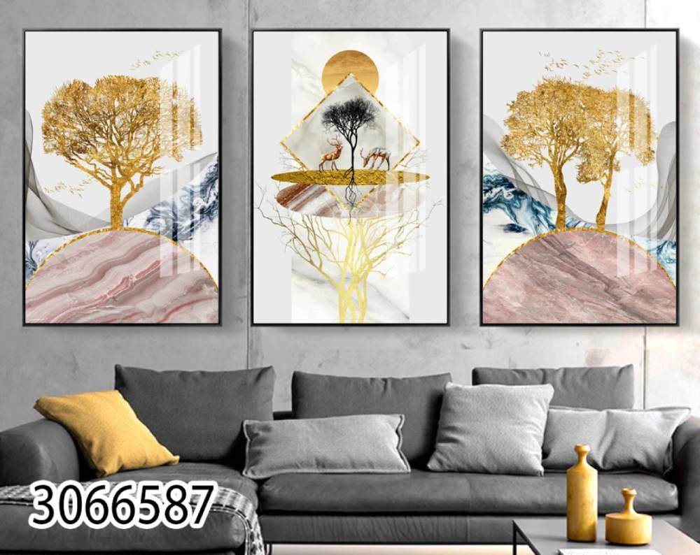 סט 3 תמונות נורדיות של עצים לסלון ללובי או למסדרון הדפסה על זכוכית 3066587