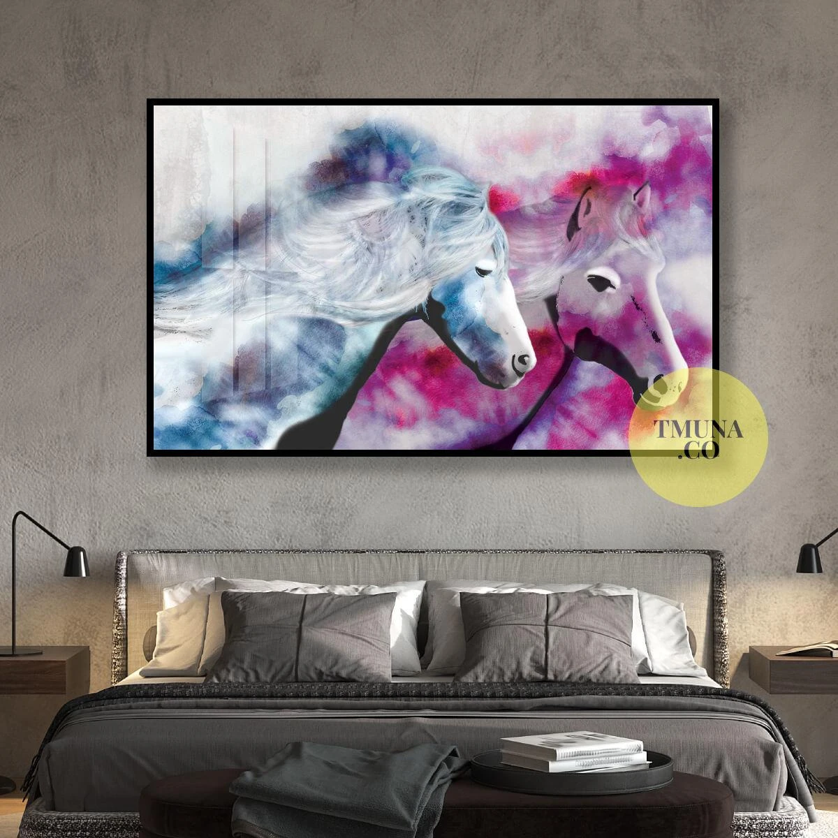 אבסטרקט סוסים מטריפים בצבעים כחול וורוד לסלון לחדר שינה הורים ואוהבים דגם 134896