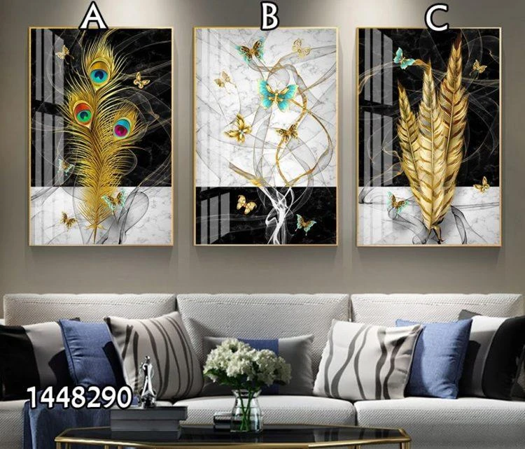 אבסטרקט נוצות מוזהבות  סט 3 תמונות עם מסגרות 1448290