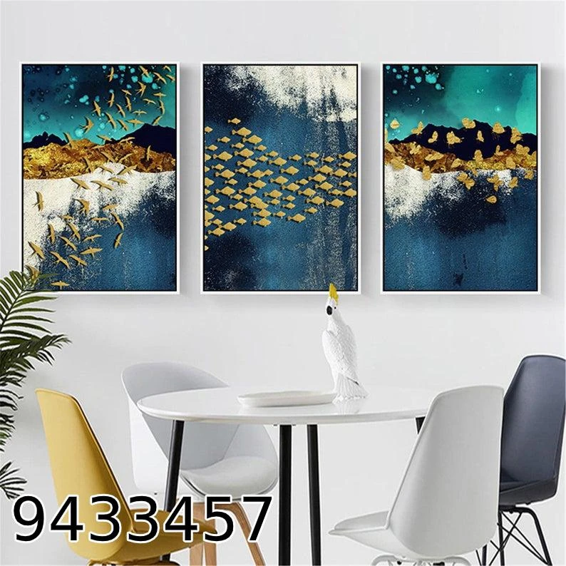 שלישית תמונות קנבס אבסטרקט של דגי ים בזהב מתאים לתלייה במשרד בסלון ופינת ישיבה דגם 9433457