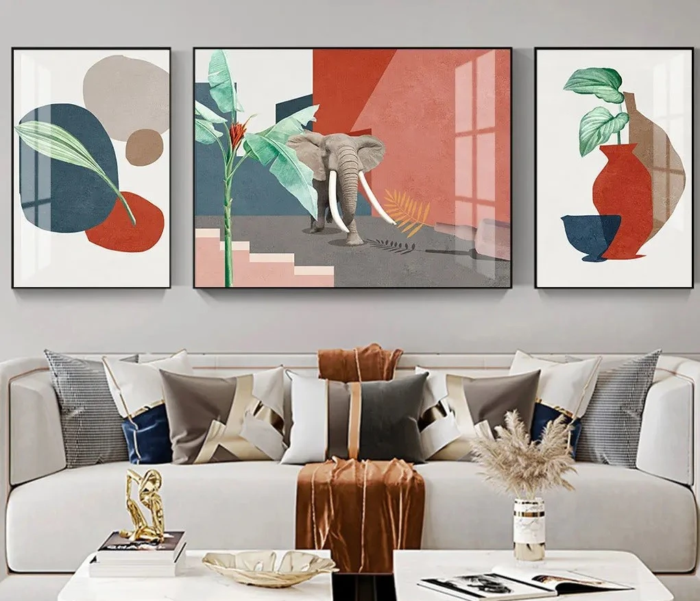סט 3 תמונות קנבס של חיות פילים בורדו ירוק עיצוב מיוחד בעלי חיים לחדר שינה - דגם 24361750