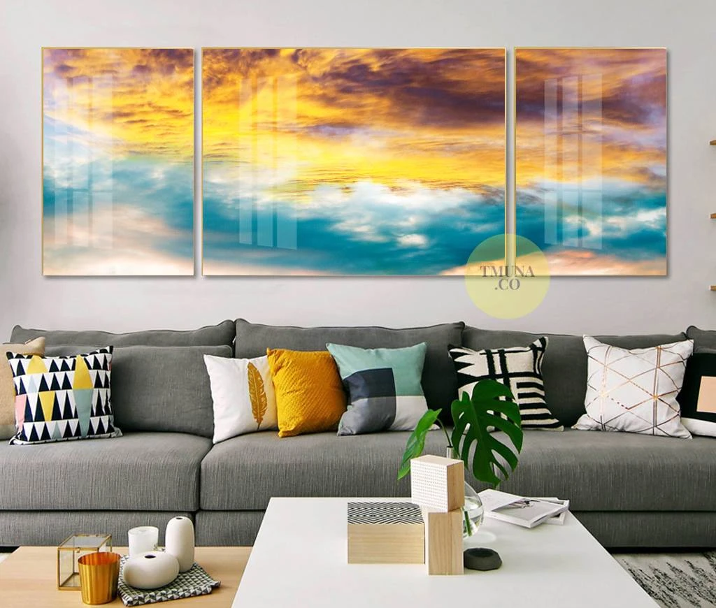 ענני שמש תמונות מחולקות טריפל על זכוכית של נוף שמיים לסלון או לובי דגם 3728517