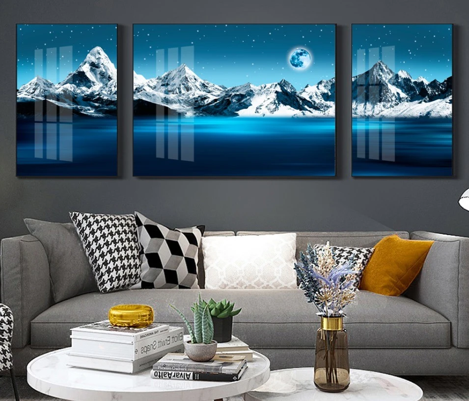 הנוף בכחול - סט 3 תמונות יוקרתיות מחולקות מזכוכית לסלון או למשרדים מעוצבים דגם 33328511