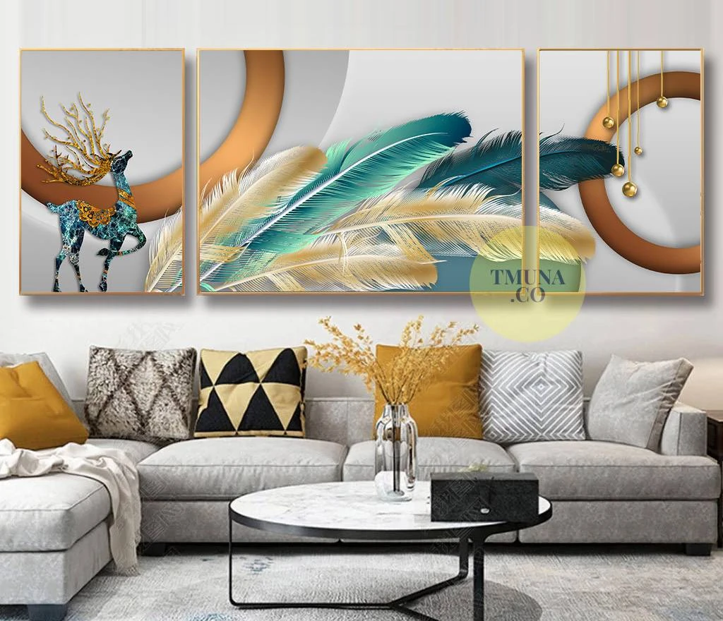 סט 3 תמונות זכוכית מחולקות של נוצות ואילים תלת ממד לסלון או לפינת אוכל דגם 3728510