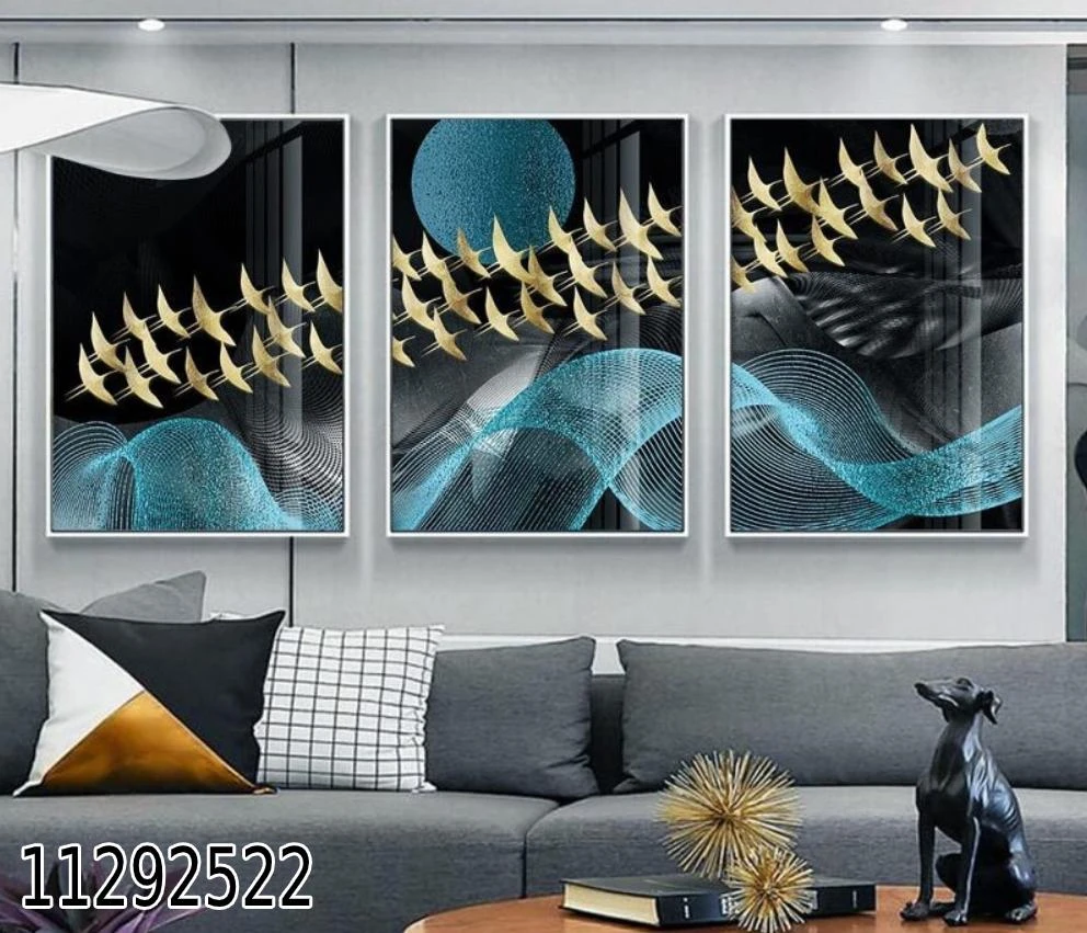 סט תמונות קנבס בגווני טורקיז עם ציפורים 'חלל מופשט' דגם 11292522