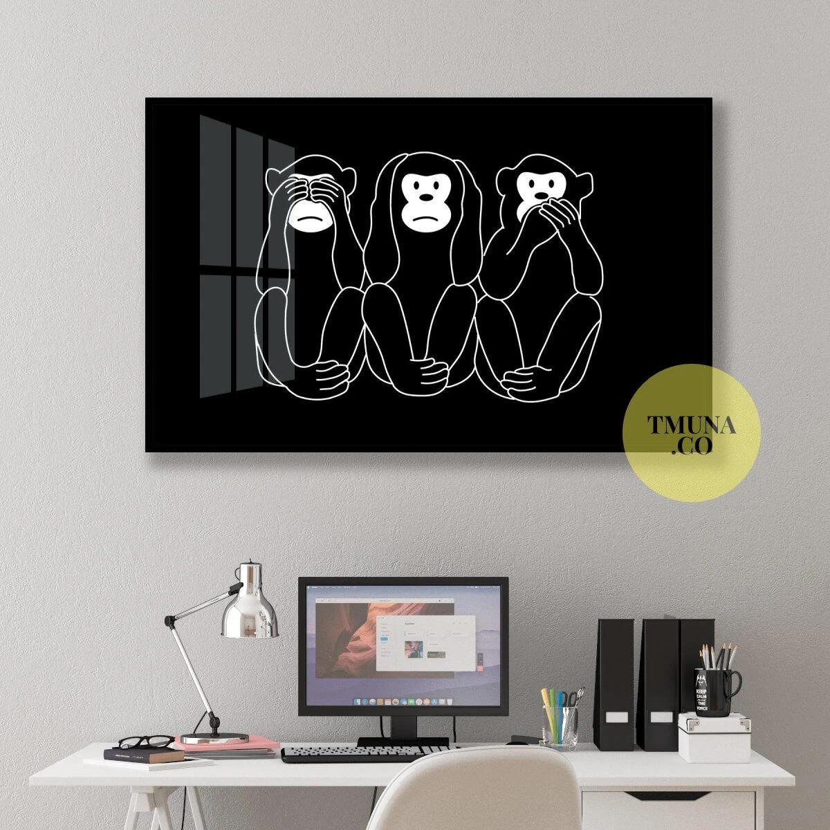 שלושת הקופים מינימליסטי - הדפס בצבע שחור לבן לתלייב בחדרי ילדים נוער ומשרדים דגם 134910