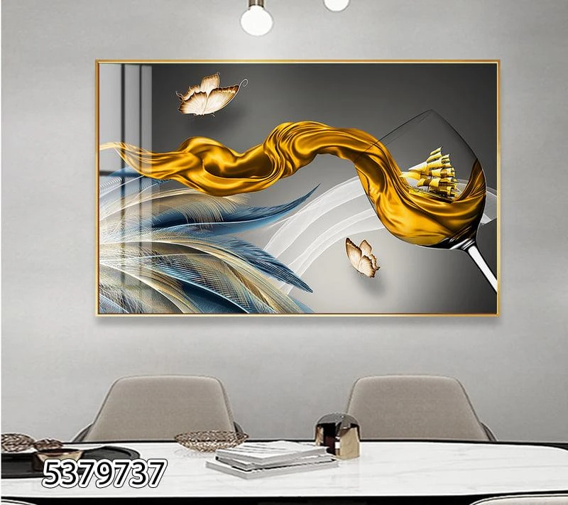 כוס ופרפרים - תמונה סוריאליסטית לפינת אוכל או למטבח על בגווני זהב נחושת על רקע אפור דגם 5379737