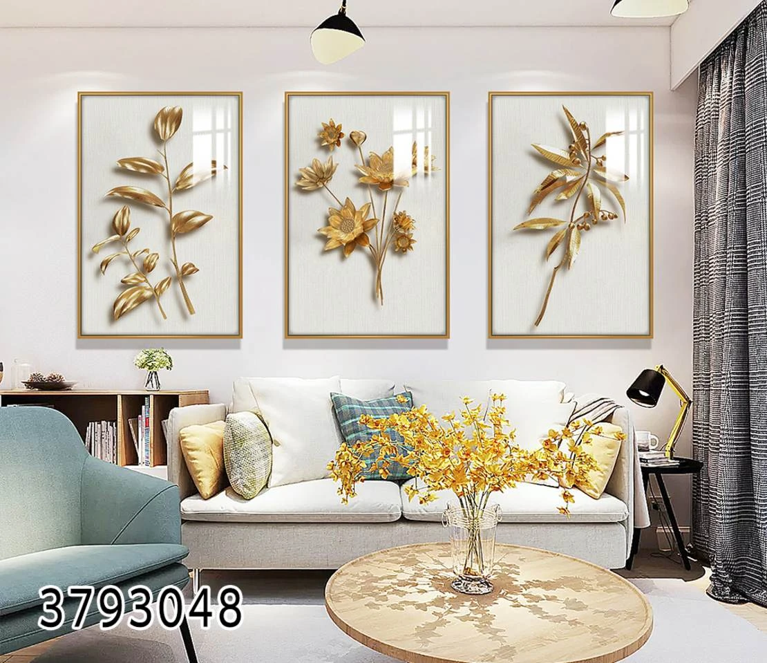 סט תמונות עם פרחים ועלים זהובים סגנון מינימליסטי מתאימה לסלון דגם 3793048