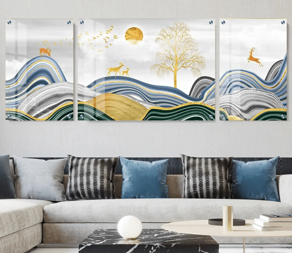 טרנדי: 3 תמונות זכוכית נופים טורקיז איילות בגווני אפור, זהב, ירוק למשרד - דגם g23914154