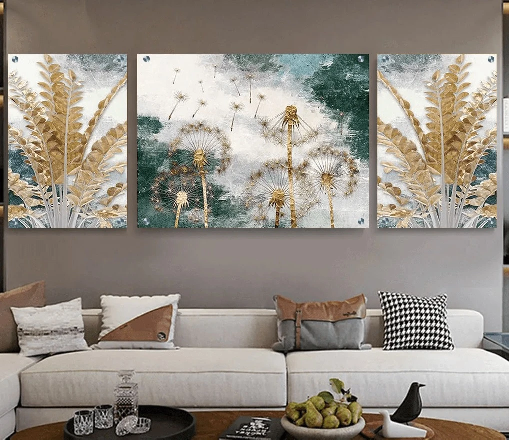 טרנדי: 3 תמונות זכוכית ים ונוצות בגווני ירוק, אפור, זהב לסלון - דגם g23903348