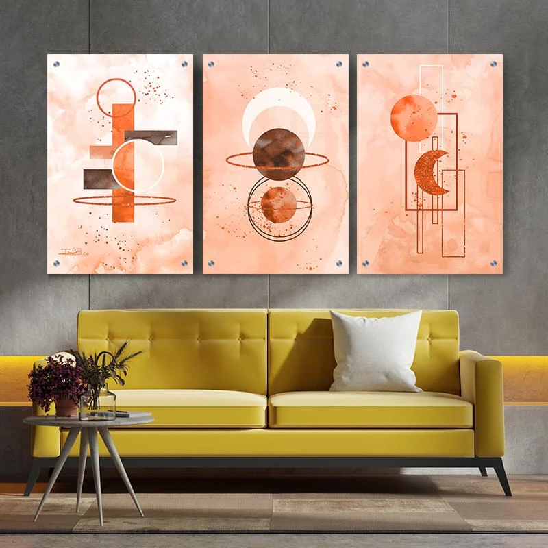 תמונות מחולקות  חמרה צורות כתום סט מיוחד לפיתנ אוכל בגודל 40X60*3 ס"מ, 70X100*3 ס"מ  עיצוב בנושא מינימליסטי, Line Art, פרחים ועלים, נורדי מגיע בקנבס ומסגרת שחורה, זכוכית ומנטים כסופים - דגם 135356