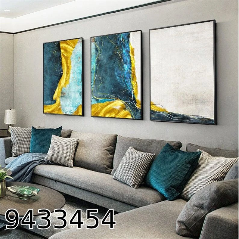 סט שלוש תמונות אבסטרקט מעוצבות גוונים זהב טורקיז מתאים לתלייה במשרד בסלון דגם 9433454