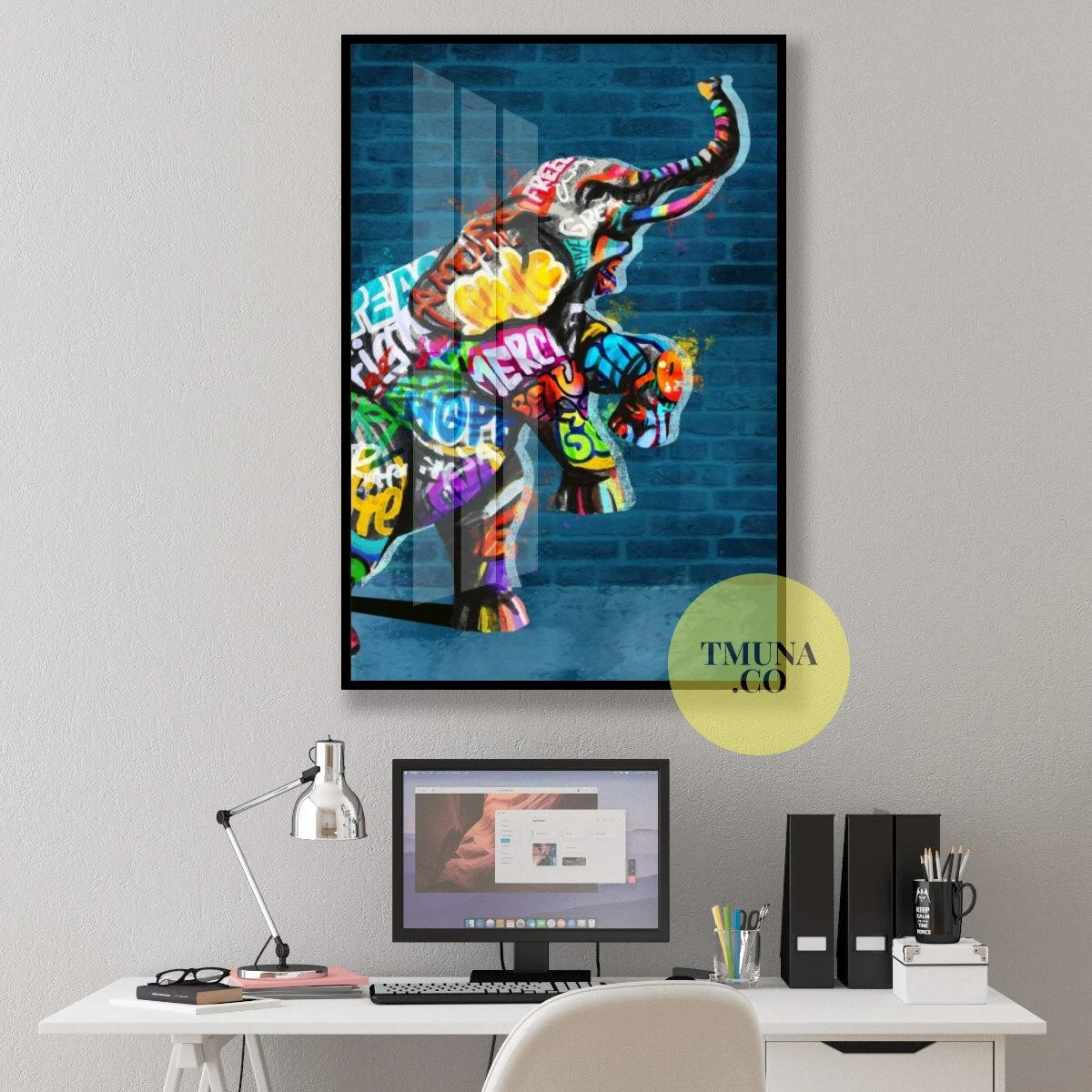 פיל רחוב - הדפס מגניב של תמונת גרפיטי על קנבס או זכוכית למשרדים או לחדרי נוער דגם 134926