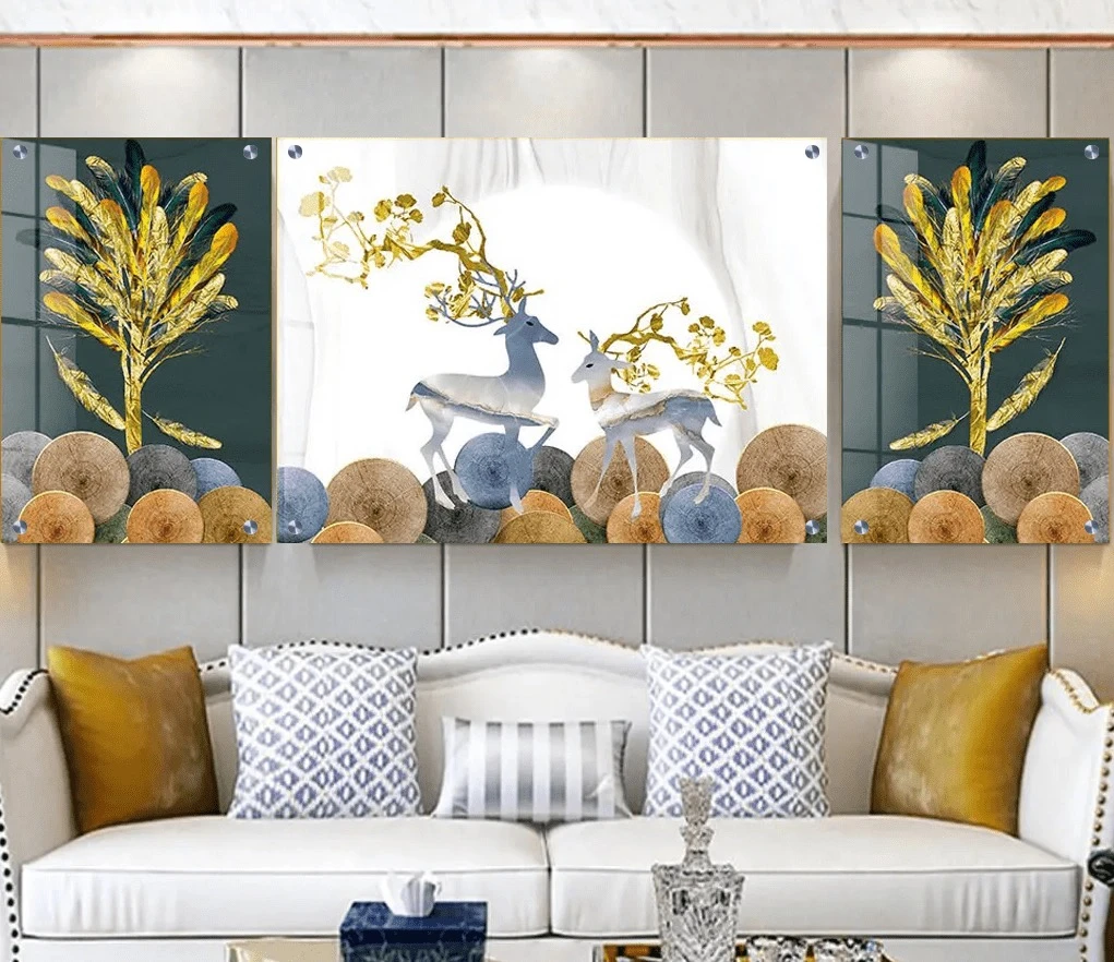 טרנדי: 3 תמונות זכוכית איילים בגווני אפור, זהב, כחול לסלון - דגם g23688496