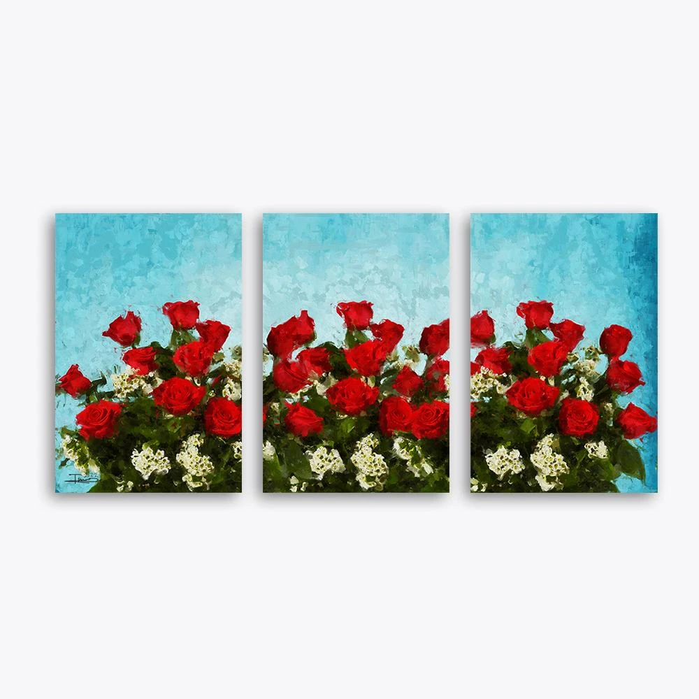 סט 3 תמונות לסלון זרים רומנטיים תמונת קנבס בנושא פרחים ועלים, ציורים - דגם alvtm46p2433