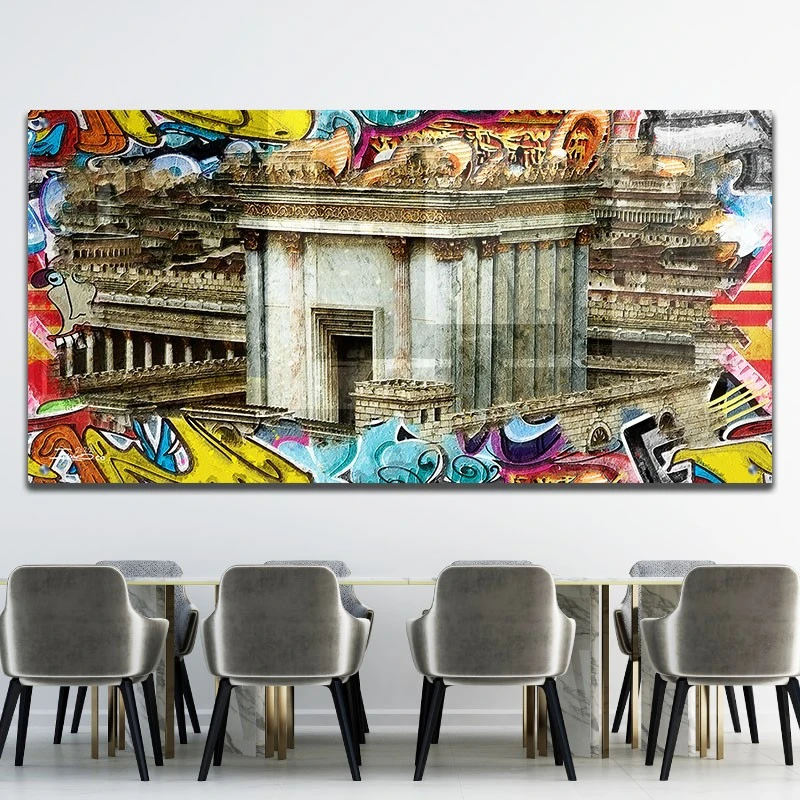 תמונת זכוכית של בית המקדש ירושלים לפינת אוכל בית ה' תמונת אמנות פופולארית על זכוכית בגווני צבעוני, טורקיז, ורוד - דגם galvtm46p2681