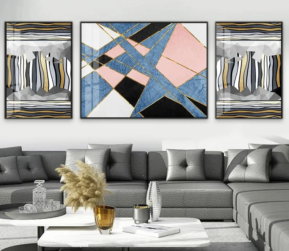 סט 3 תמונות קנבס לקירות גיאומטרי ורוד טורקיז עיצוב מיוחד גיאומטריות למטבח - דגם 23932602