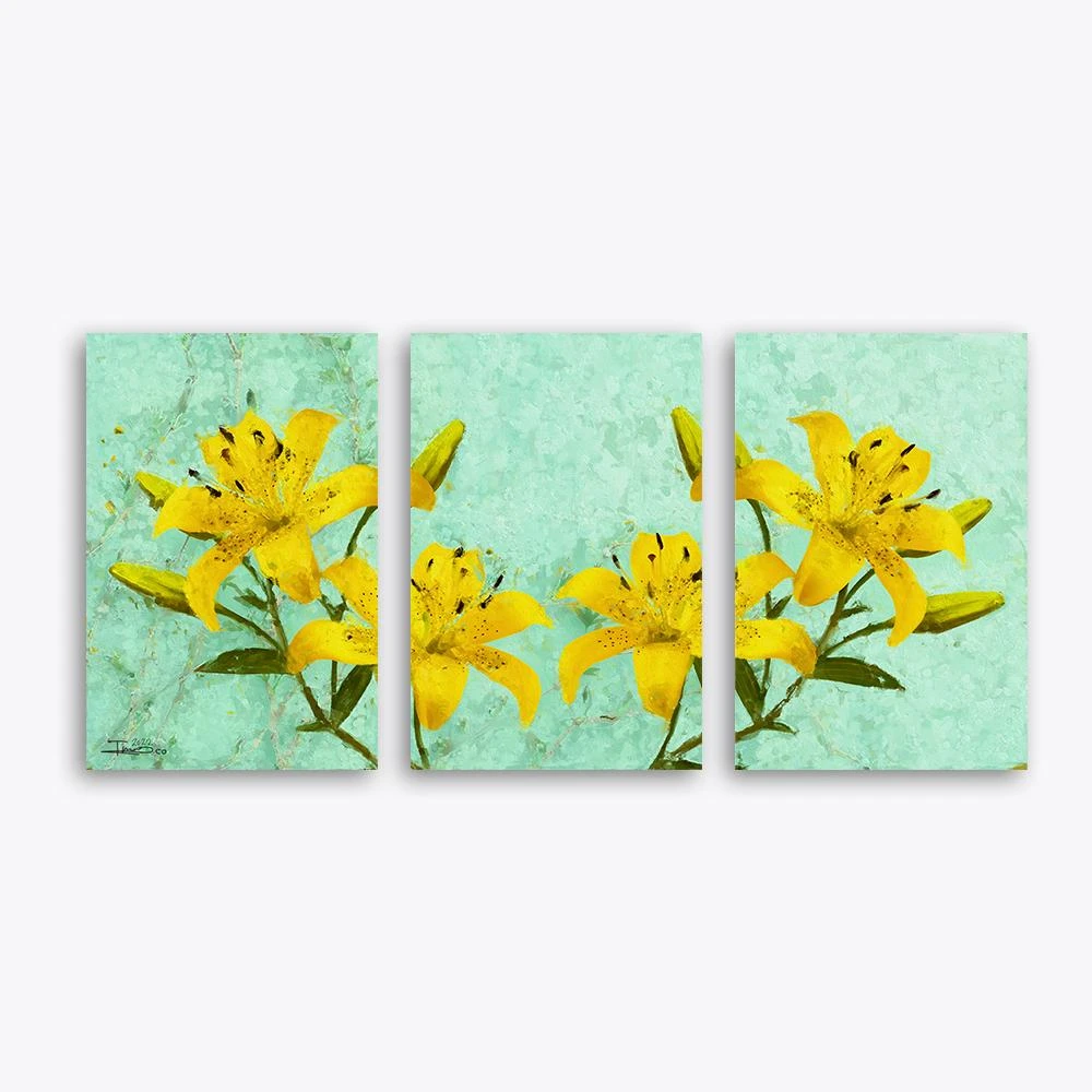סט 3 תמונות לסלון שפע וברכה תמונת קנבס בנושא פרחים ועלים, ציורים - דגם alvtm46p2423
