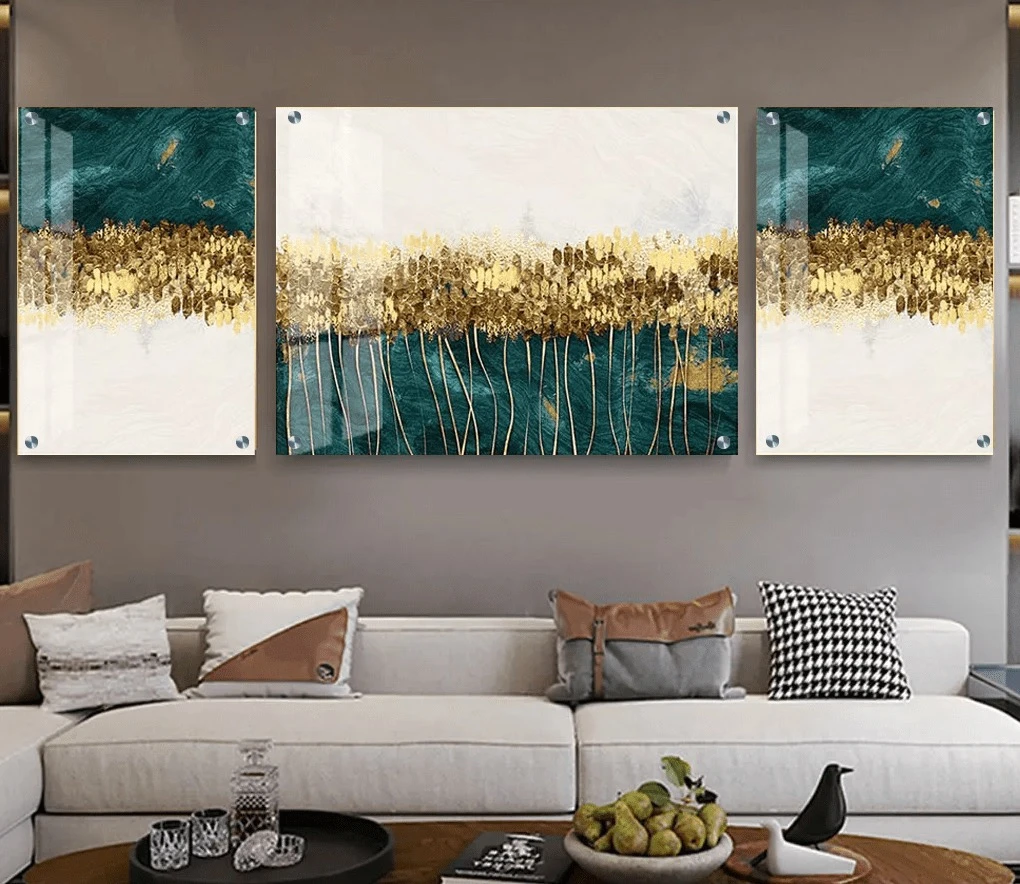 טרנדי: 3 תמונות זכוכית אבסטרקט ים בגווני כחול, זהב, אפור לסלון - דגם g23903343