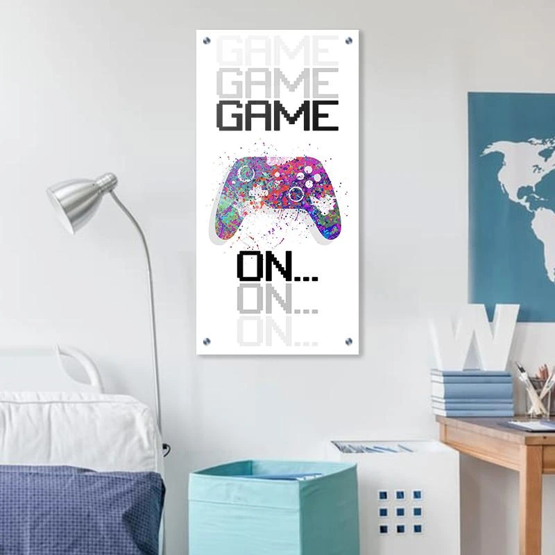תמונה לחדר שינה גיימרים Game On בגודל 40X80 ס"מ עיצוב בנושא נאון, גיימינג מגיע בקנבס מתוח על מסגרת עץ, זכוכית ומנטים כסופים - דגם 135317