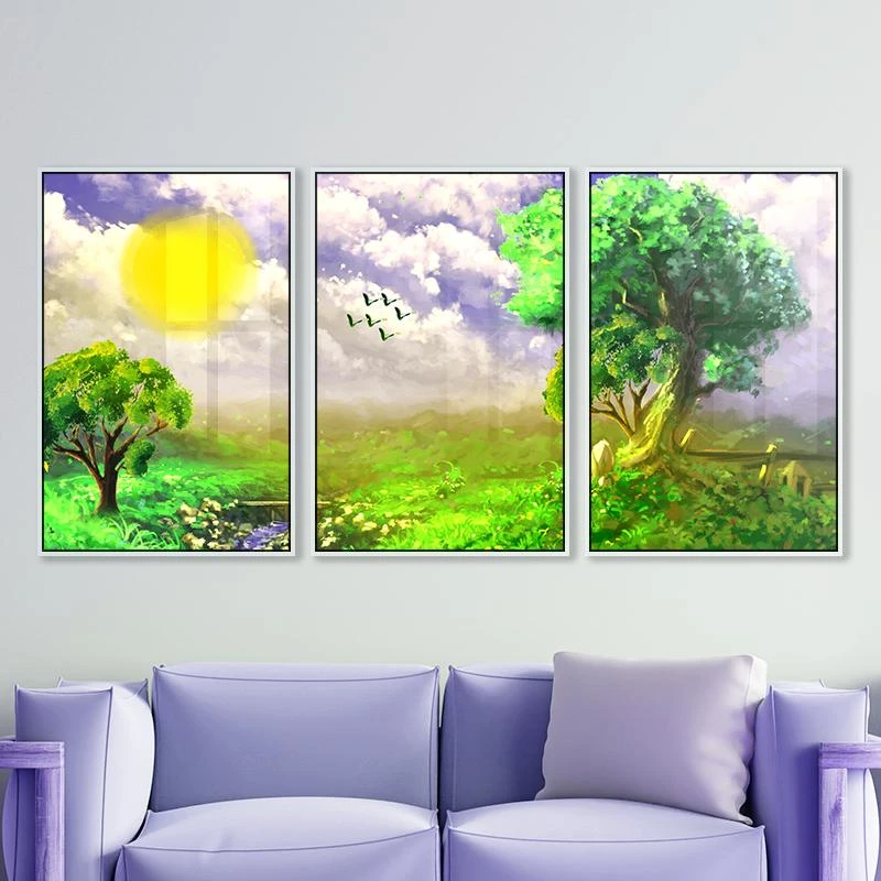 נוף מהחלומות - סט תמונות קנבס מיוחדות לסלונים למעל הספה במראה טרופי בגווני ירוק דגם 135121