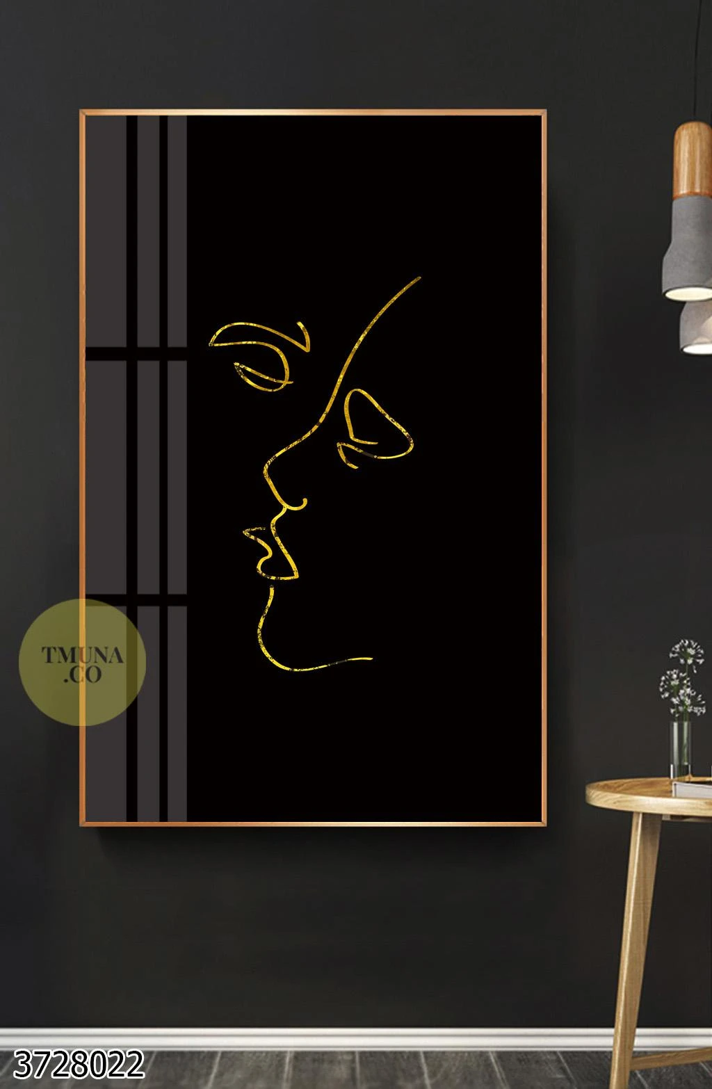 רגע של תשוקה תמונת קו מינימליסטית על קנבס על רקע שחור עם קווי מתאר זהובים לחדר שינה דגם 3728022