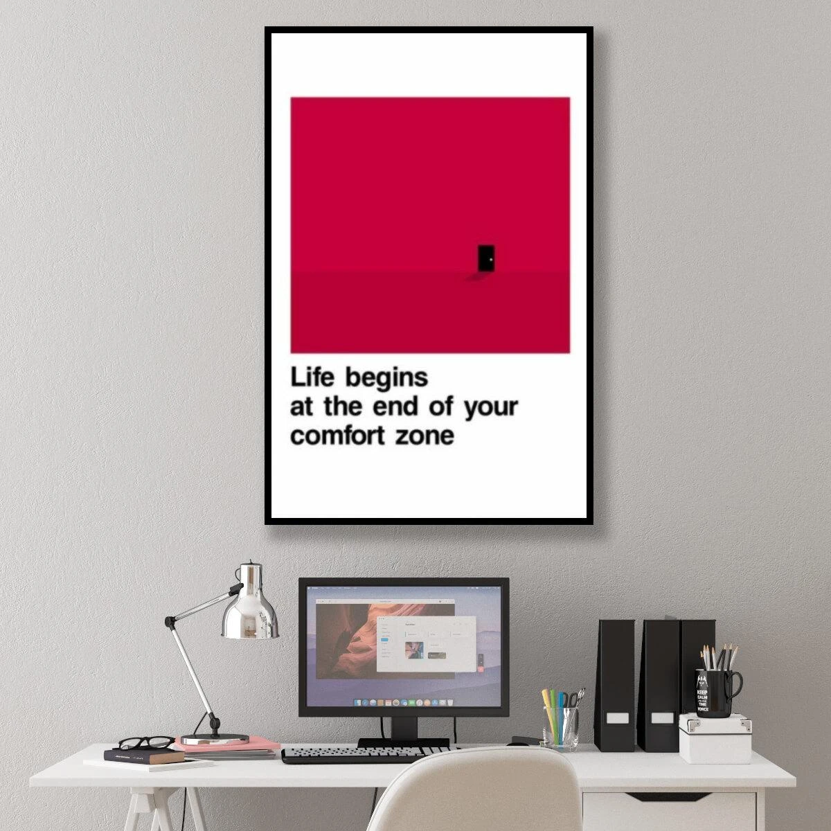 החיים מתחילים כאן - תמונת בצבע אדום מעוררת השראה לחדרי שינה חדרי נוער או משרדים מעוצבים על קנבס וזכוכית דגם 3728572