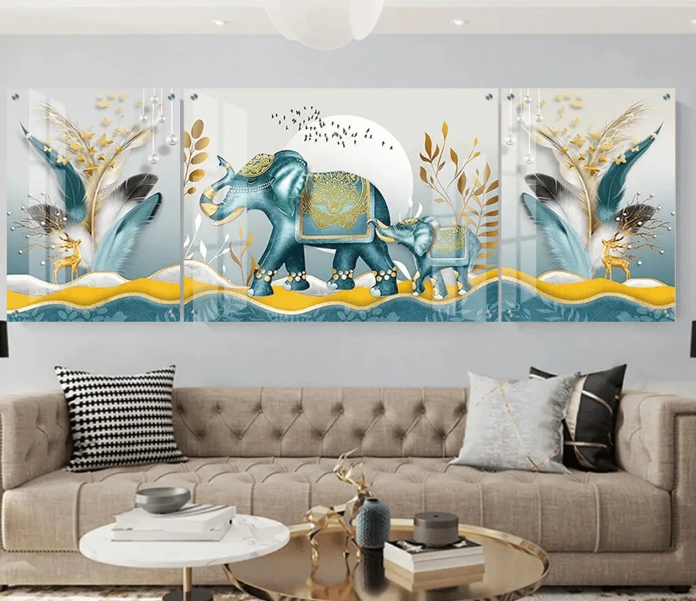 טרנדי: 3 תמונות זכוכית 7 פילים ונוצות בגווני כחול, זהב, אפור למשרד - דגם g24021804