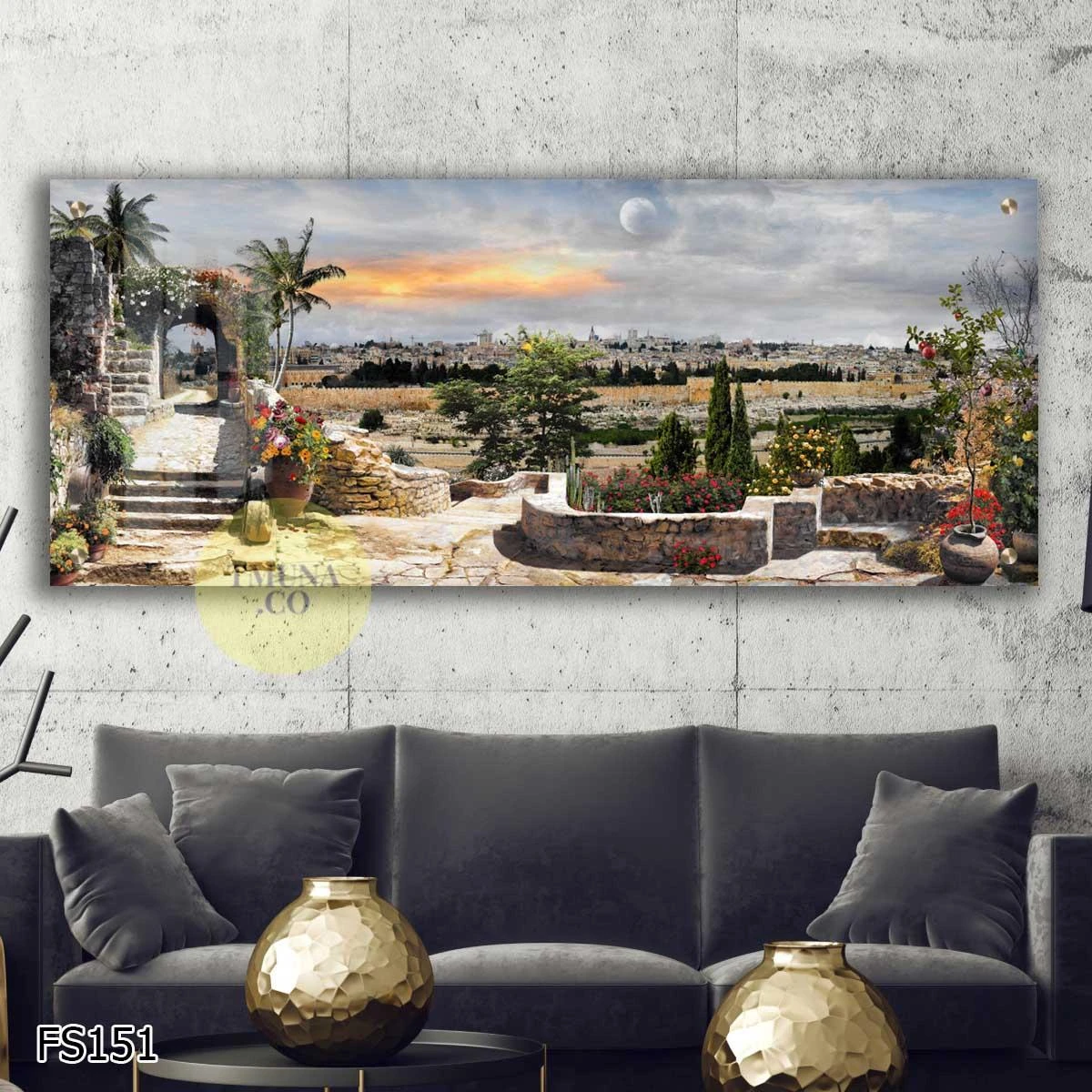 נוף ירושלמי עתיק - תמונה זכוכית של ירושלים לתלייה בבית בסלון במשרד או במסדרונים דגם FS151